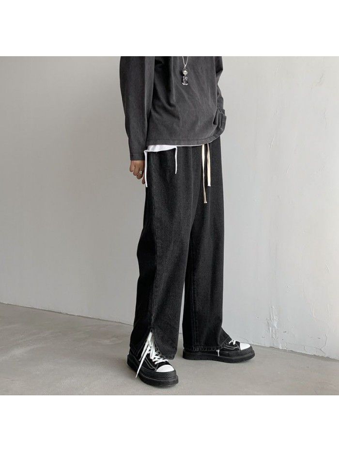Spring and summer new slit drawstring jeans men's fashion brand loose straight wide leg pants men's Korean casual daddy pants 