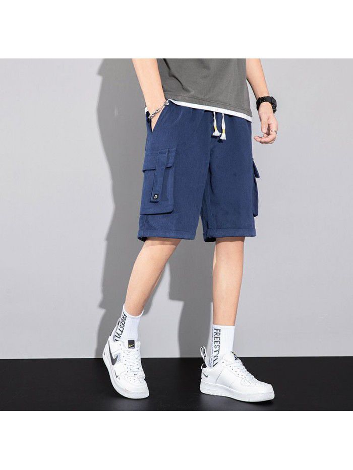New Summer Shorts men's pants straight tube solid color overalls men's youth casual Capris men's pants 