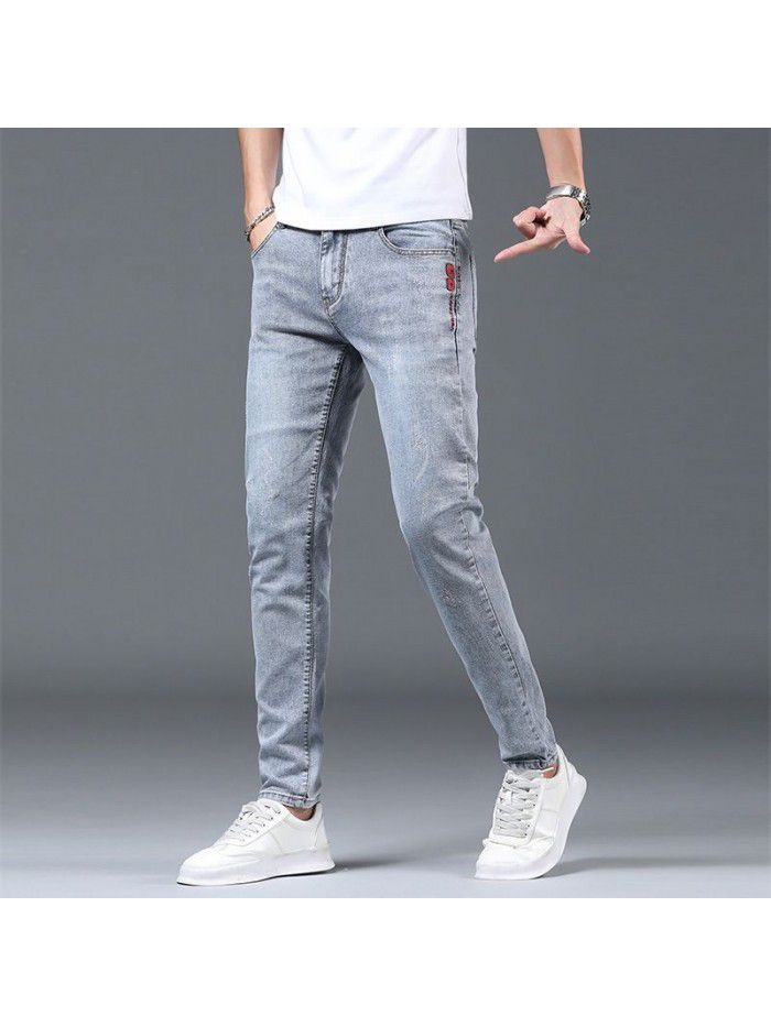 Spring and summer thin washed jeans men's Korean Trend slim pants men's casual elastic pants 