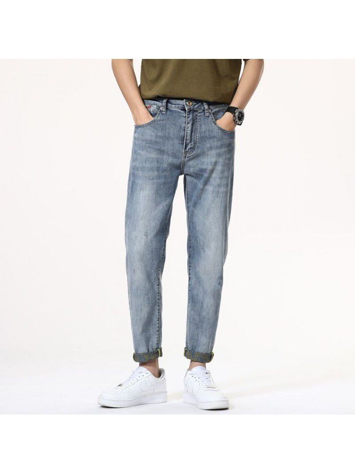 New fashion brand jeans in spring and summer of  men's slim elastic Leggings Korean fashion youth casual Capris 