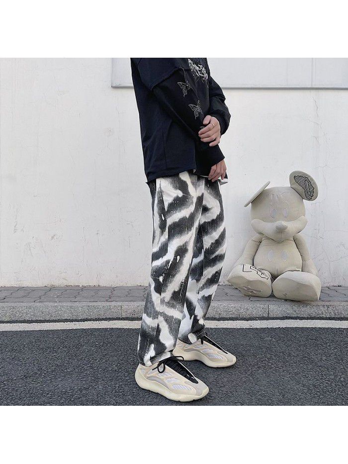 Spring and summer  New Retro loose straight jeans men's trendy Hong Kong tie dye drop casual wide leg pants 