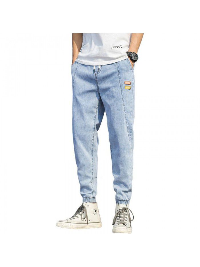 Spring and summer new jeans men's trendy brand loose legged Harlan pants men's casual drawstring elastic legged pants 