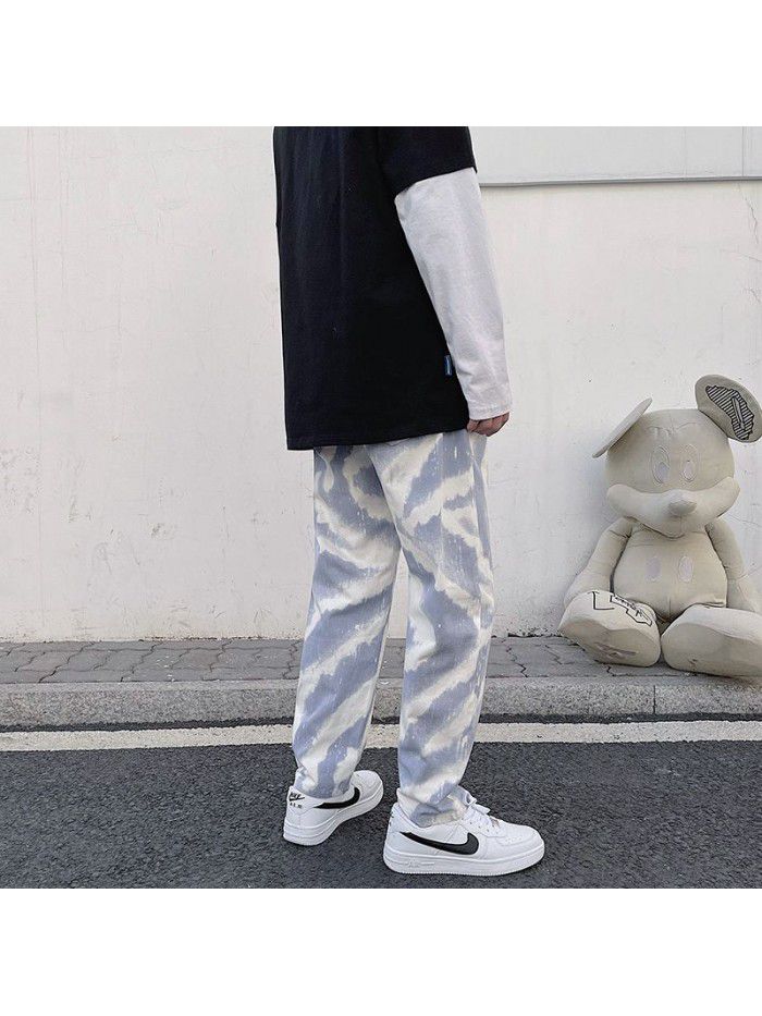 spring and summer new jeans men's trend loose straight hip hop Street elastic waist Hong Kong style wide leg pants 
