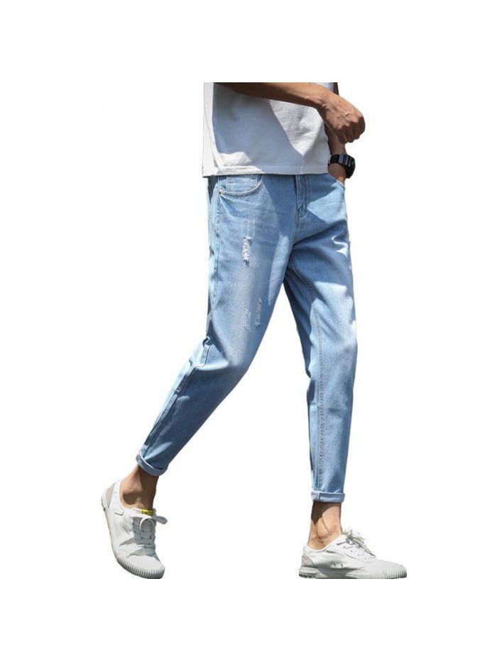 Spring and summer new fashion brand pierced jeans men's Korean slim pants men's trend youth casual Capris 