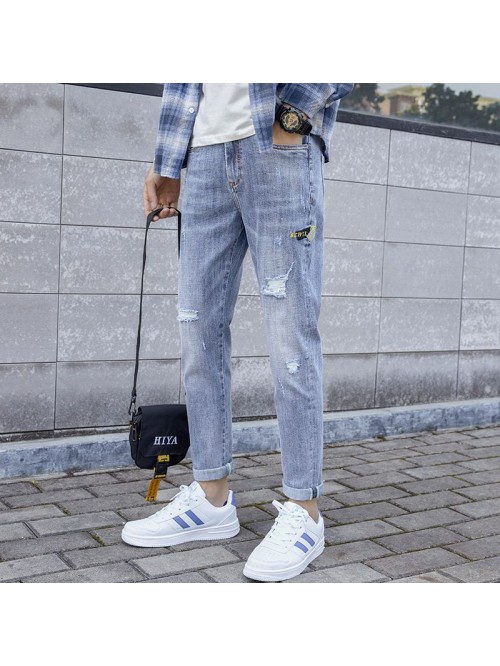 Trendy brand washed jeans with holes men's sl...