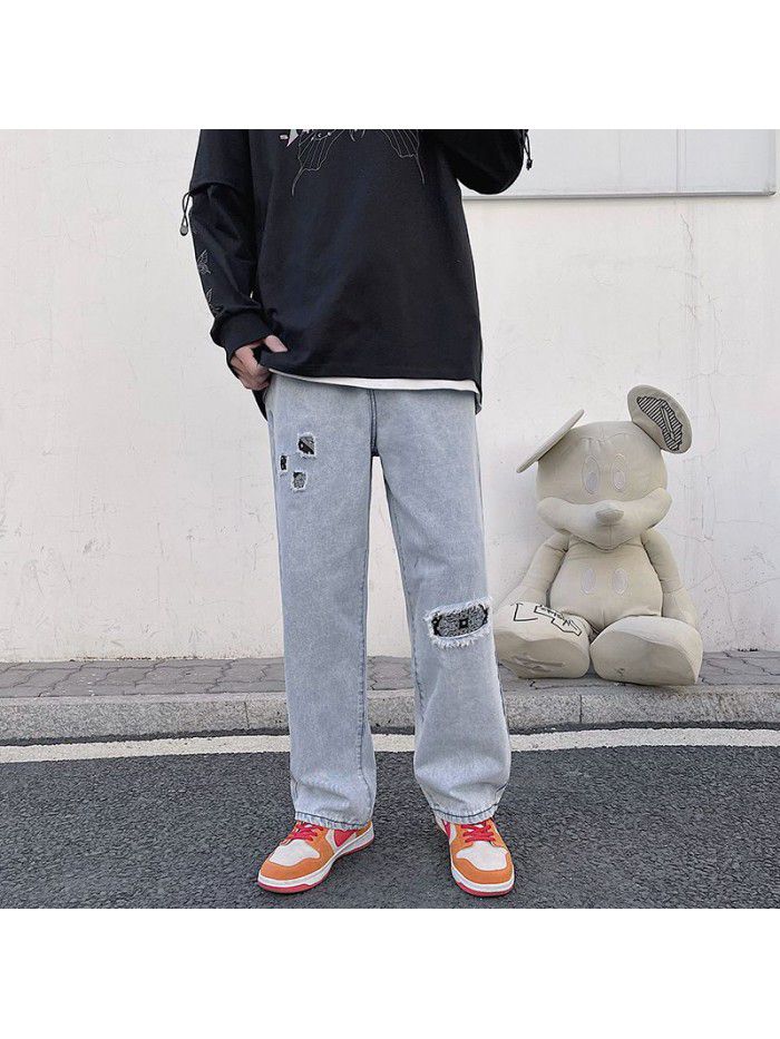 Spring and summer new fashion brand wash patch jeans men's loose straight pants men's fashion casual wide leg pants 