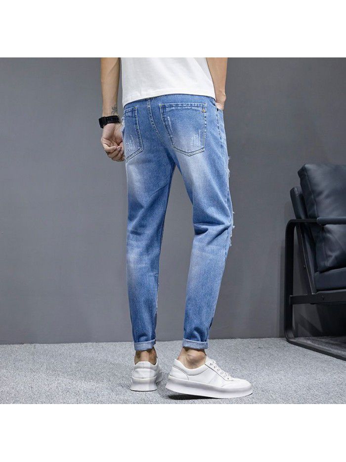 Hole jeans men's fashion brand spring summer Korean slim Leggings men's fashion simple casual quarter pants 