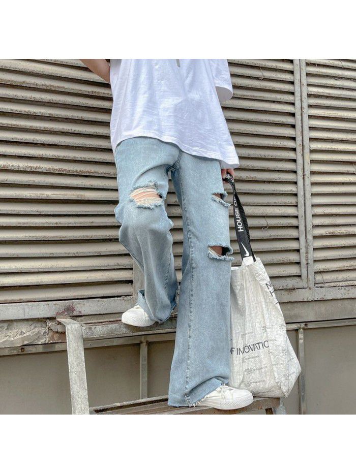Hole washed jeans men's fashion brand loose straight tube Harem Pants men's youth leisure wide leg Daddy Long Pants 