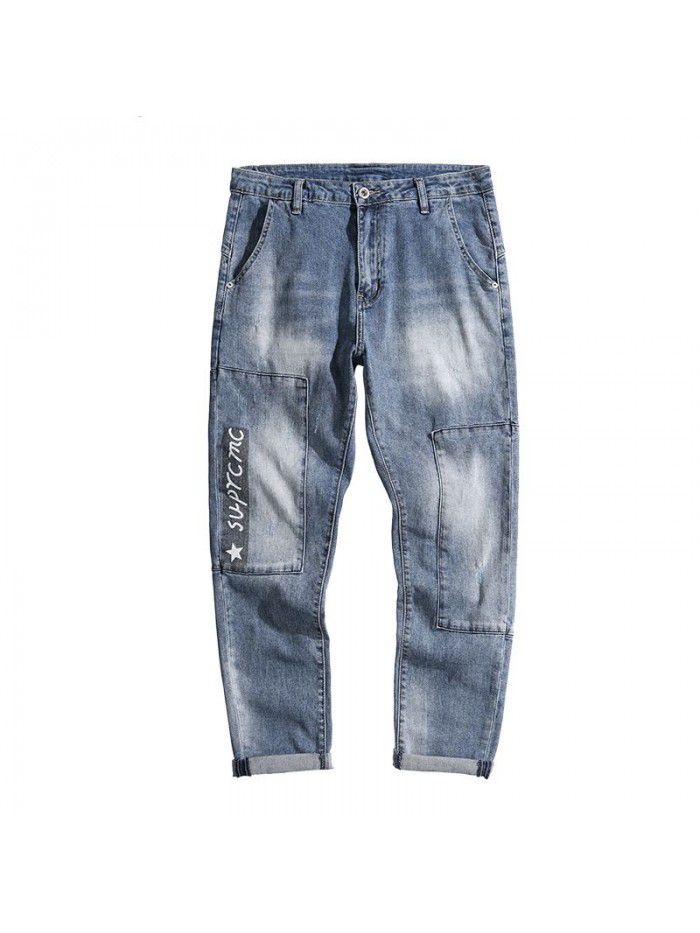 Spring and summer new fashion brand jeans men's Korean leg pants men's fashion slim elastic youth large pants 