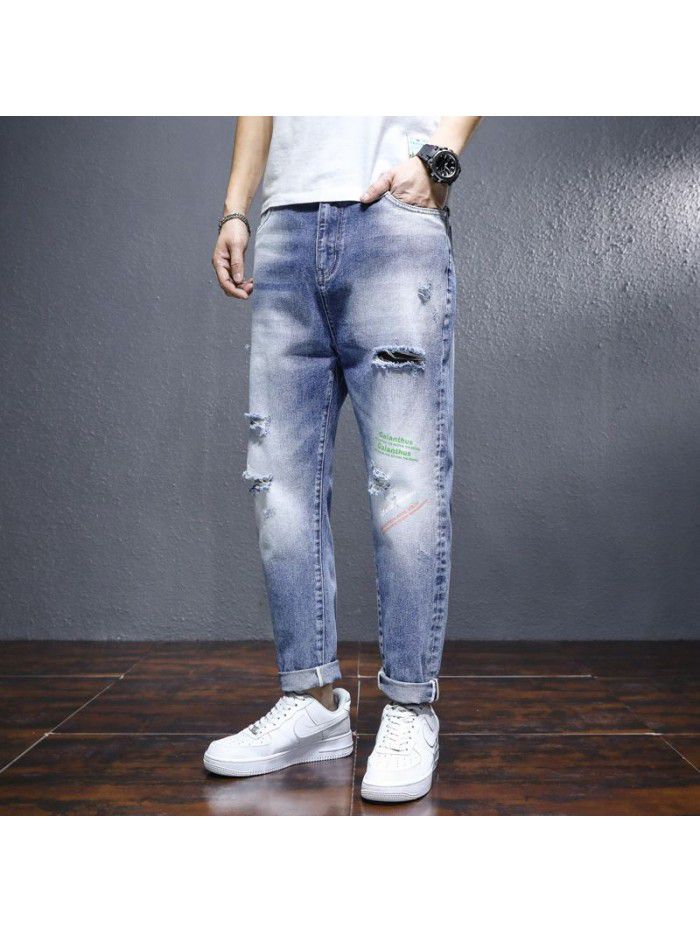  spring new perforated jeans men's fashion brand loose straight pants men's youth casual Capris 