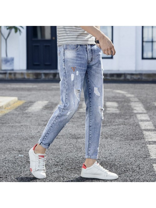 Spring and summer new fashion brand pierced jeans ...