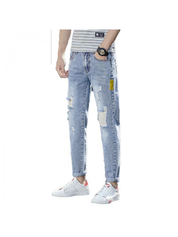 New jeans in spring and summer, men's fashion brand, Korean version, hole and slim leggings, men's fashion, youth casual pants 
