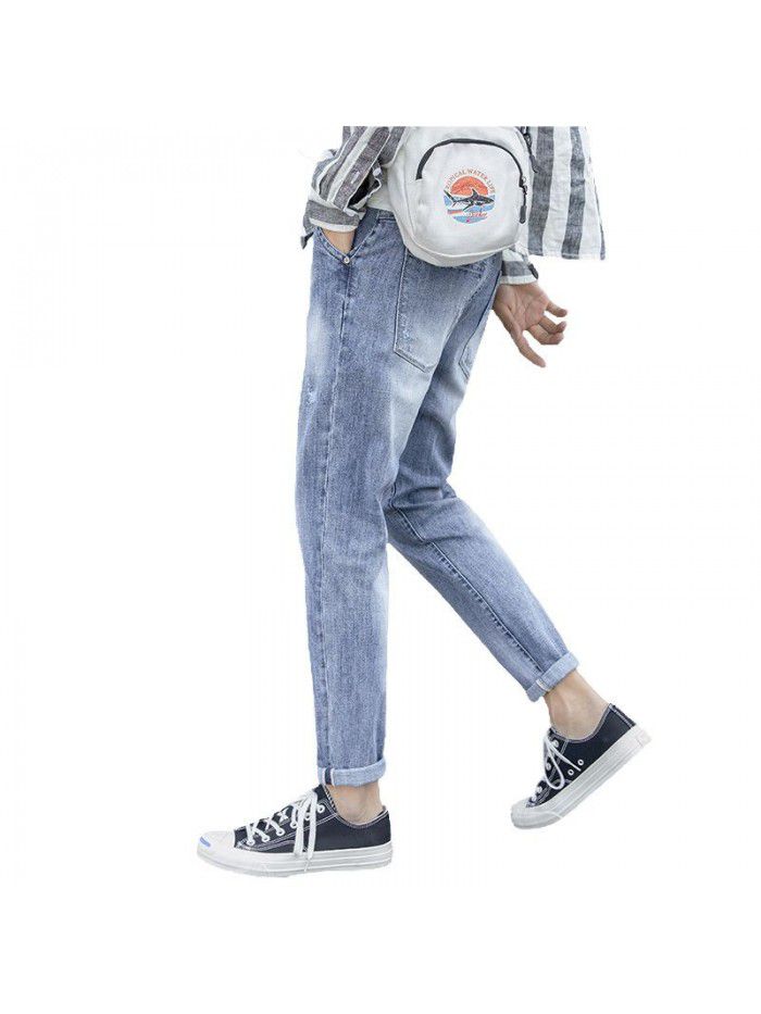 New fashion brand jeans in spring and summer of  men's Korean slim Leggings men's youth fashion casual Capris 