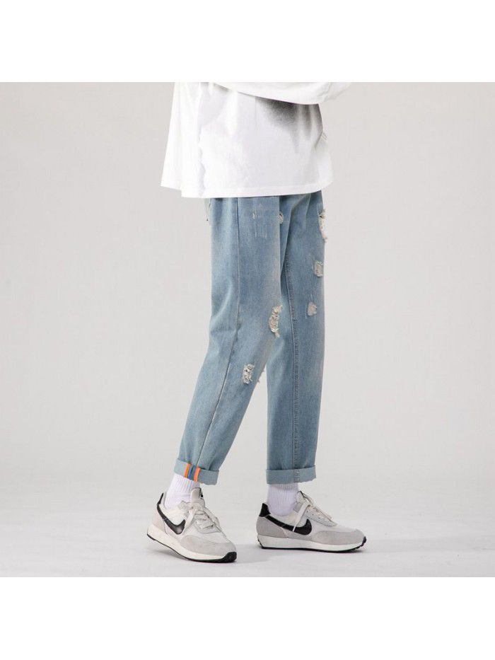 Spring and summer new fashion brand hole jeans men's loose straight tube Harem Pants men's trend casual wide leg daddy pants 