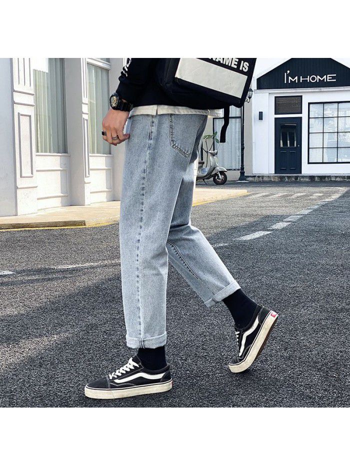 New jeans in spring and summer, men's loose straight Harem Pants, men's trend, simple leisure, wide leg, daddy's nine point pants 