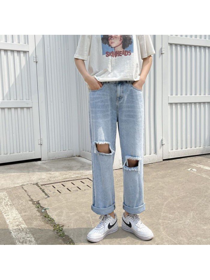Spring and summer new fashion brand pierced jeans men's loose straight pants men's fashion youth leisure wide leg Harem Pants 