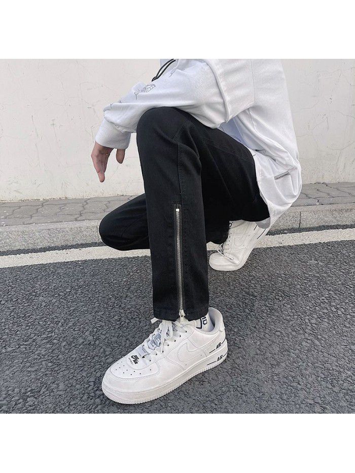 spring and summer new men's high street black jeans men's trend casual SLIM STRAIGHT Korean long pants 