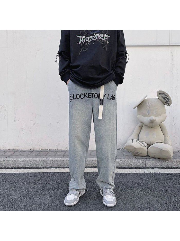 New fashion in spring and summer, Hong Kong style, retro, old dad jeans, men's loose, straight leg, wide leg pants 