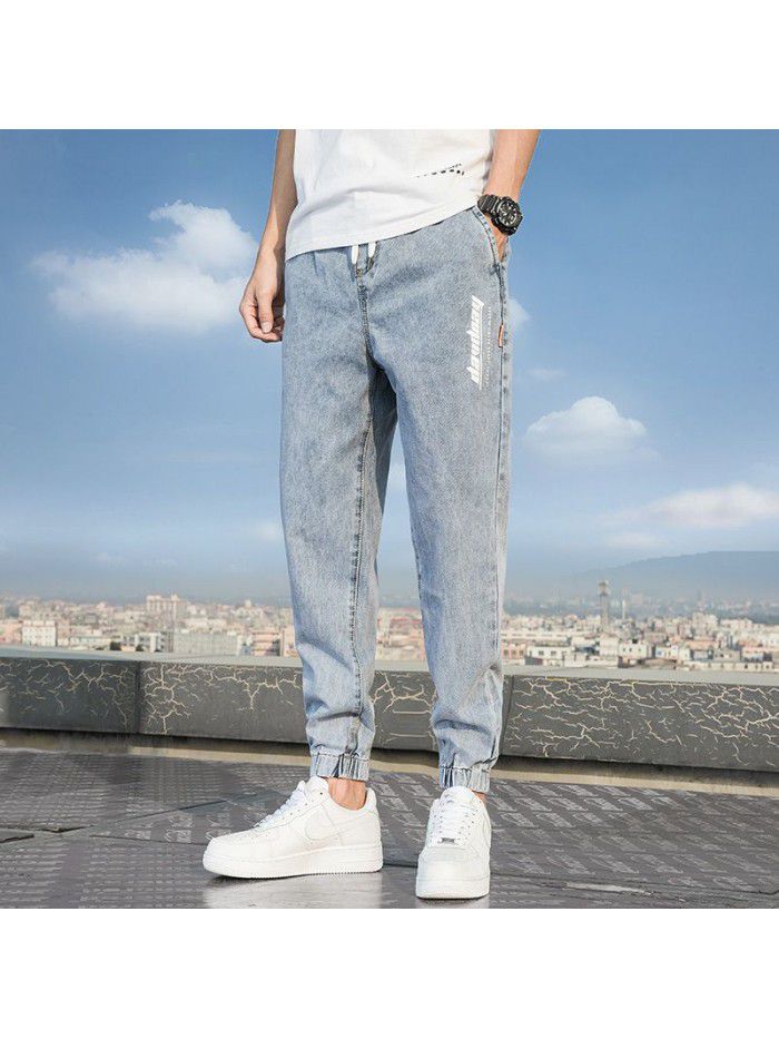 Spring and summer new drawstring washed jeans men's fashion brand loose legged Harem Pants men's casual legged pants 