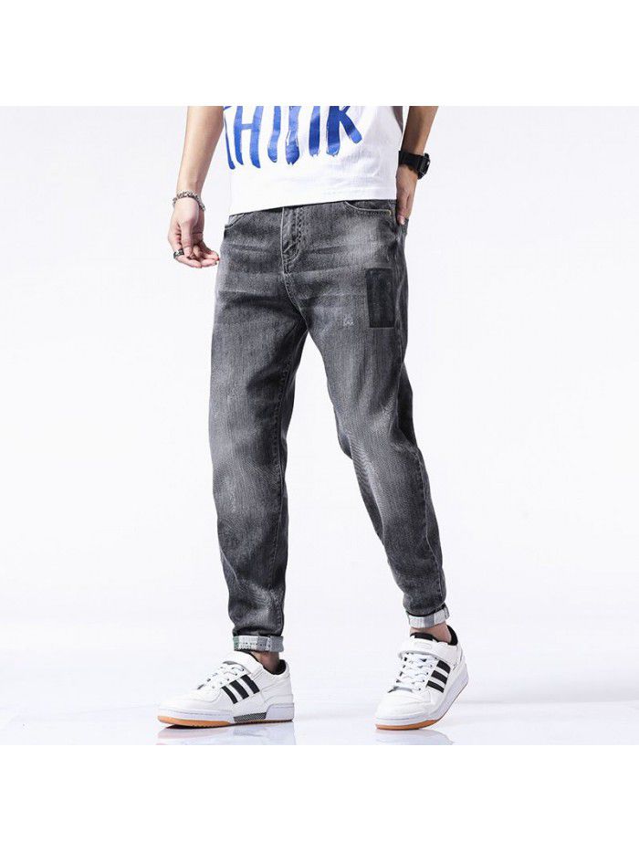 Spring and summer new jeans men's fashion brand loose feet Harlan pants men's Korean fashion casual stretch Capris 