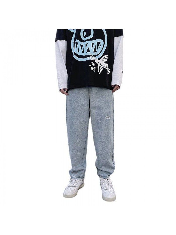 Hong Kong style straight tube wide leg jeans men's  spring and summer new casual Street loose dad skateboard mop pants 