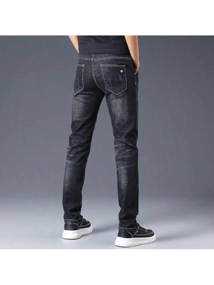 Spring and summer new fashion brand slim fit small leg jeans men's youth fashion trend Korean leisure stretch pants 
