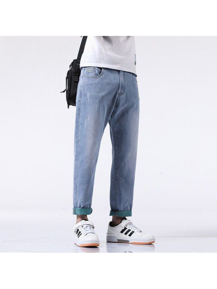 Spring and summer new fashion brand jeans men's loose straight tube Harem Pants men's fashion youth leisure elastic Capris 