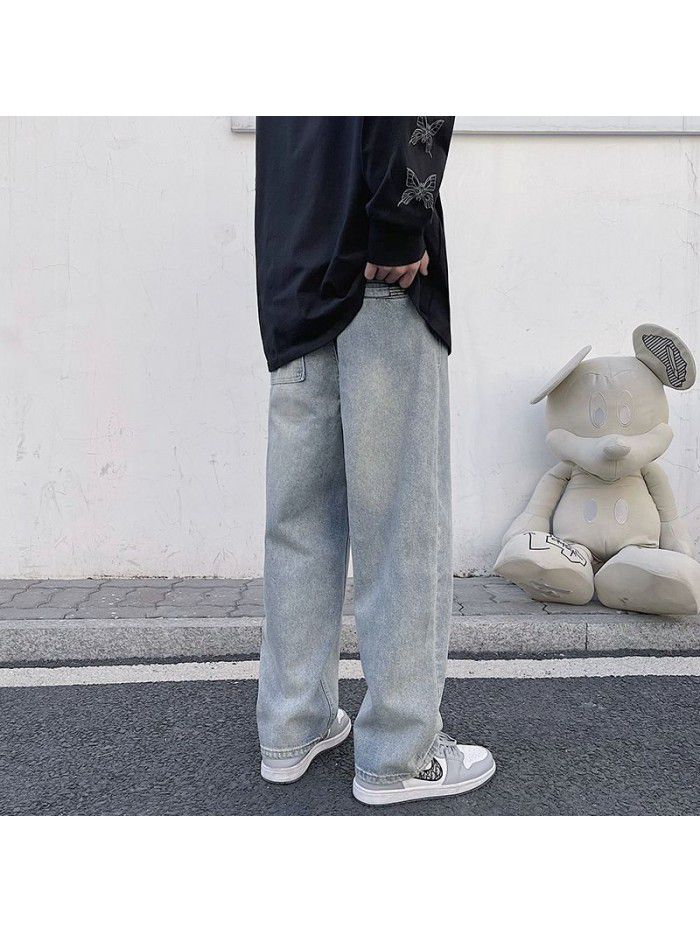 New fashion in spring and summer, Hong Kong style, retro, old dad jeans, men's loose, straight leg, wide leg pants 