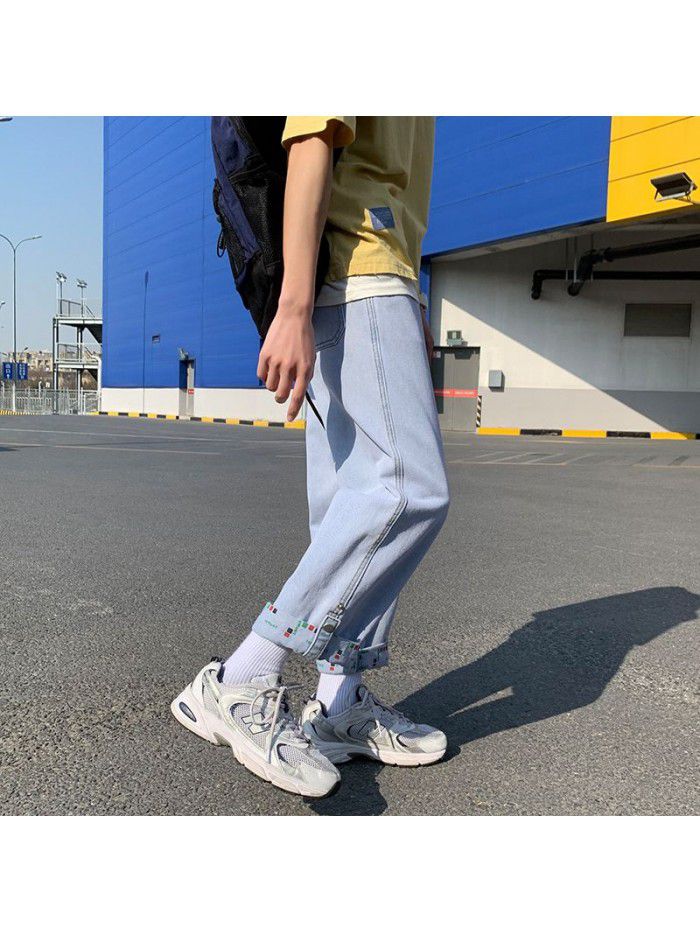 Spring  new Hong Kong Style washed jeans men's fashion brand loose straight wide leg Harlan casual Capris 