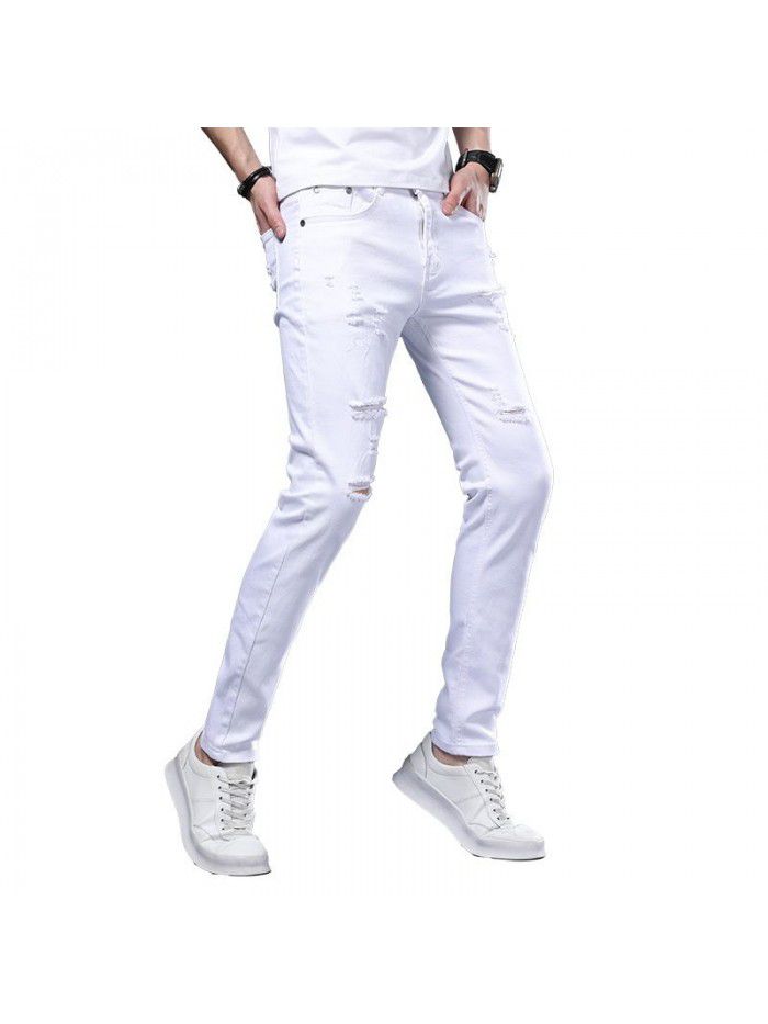 Spring and summer new hole jeans men's Korean slim Leggings men's youth fashion casual stretch pants 