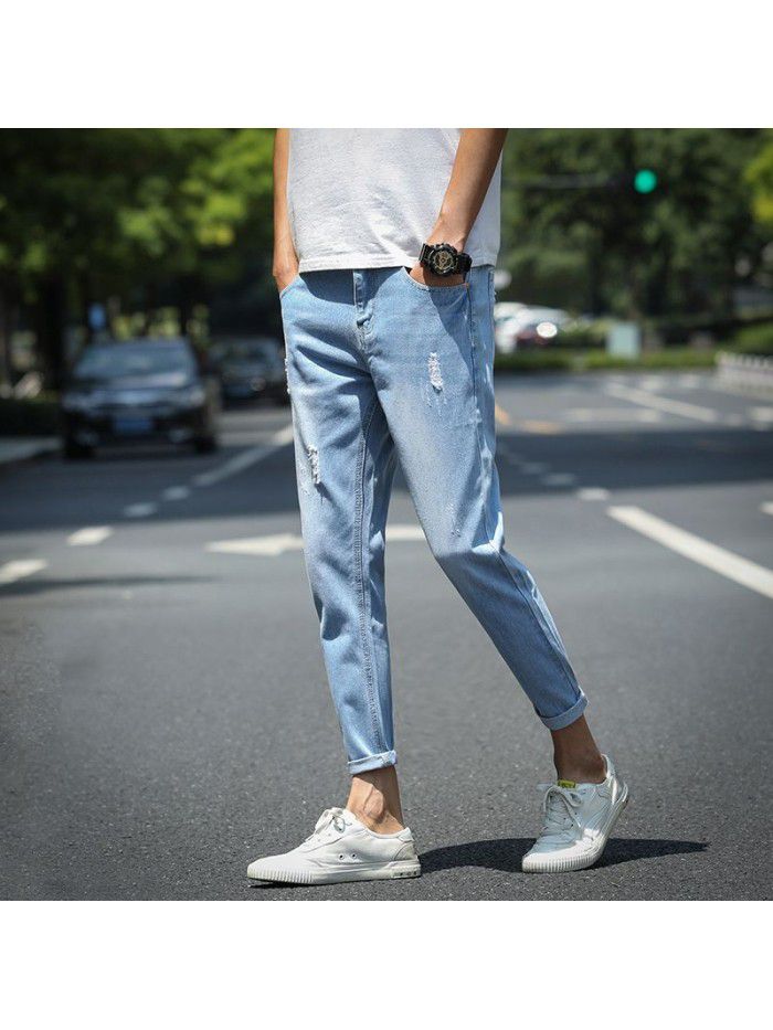 Spring and summer new fashion brand pierced jeans men's Korean slim pants men's trend youth casual Capris 