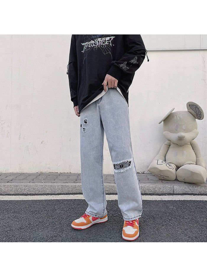 Spring and summer new fashion brand wash patch jeans men's loose straight pants men's fashion casual wide leg pants 