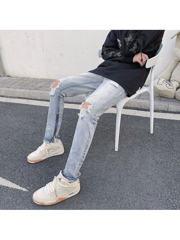 New washed jeans in spring and summer of  men's Korean fashion hole retro fit casual straight pants 