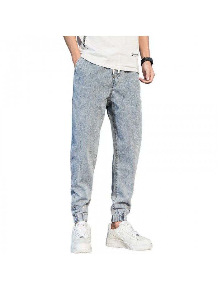 Spring and summer new drawstring washed jeans men's fashion brand loose legged Harem Pants men's casual legged pants 