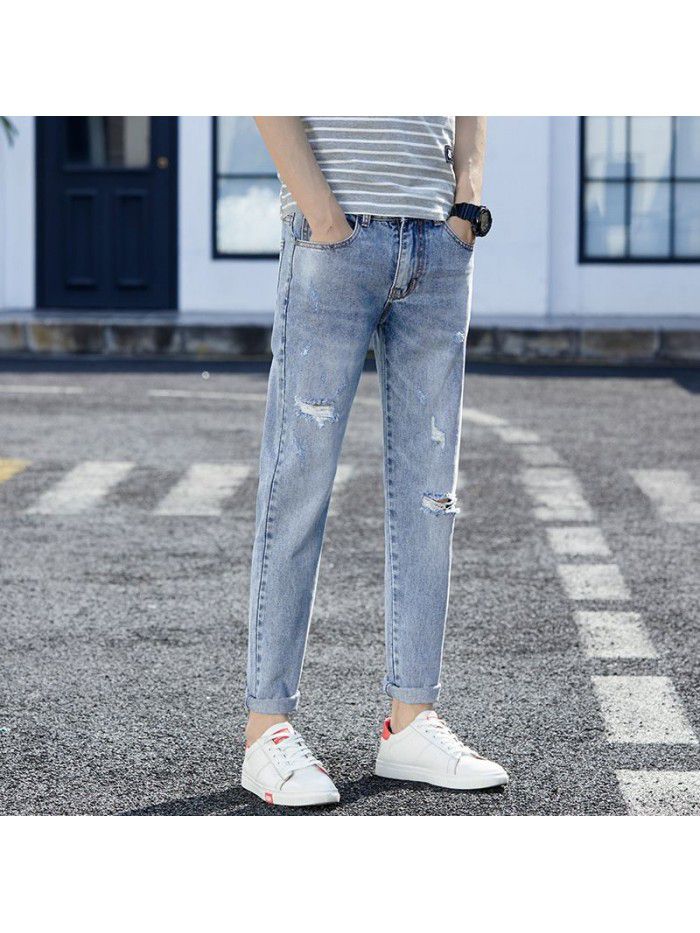 Hole jeans men's spring and summer new fashion brand Korean slim Leggings men's youth fashion casual Capris 