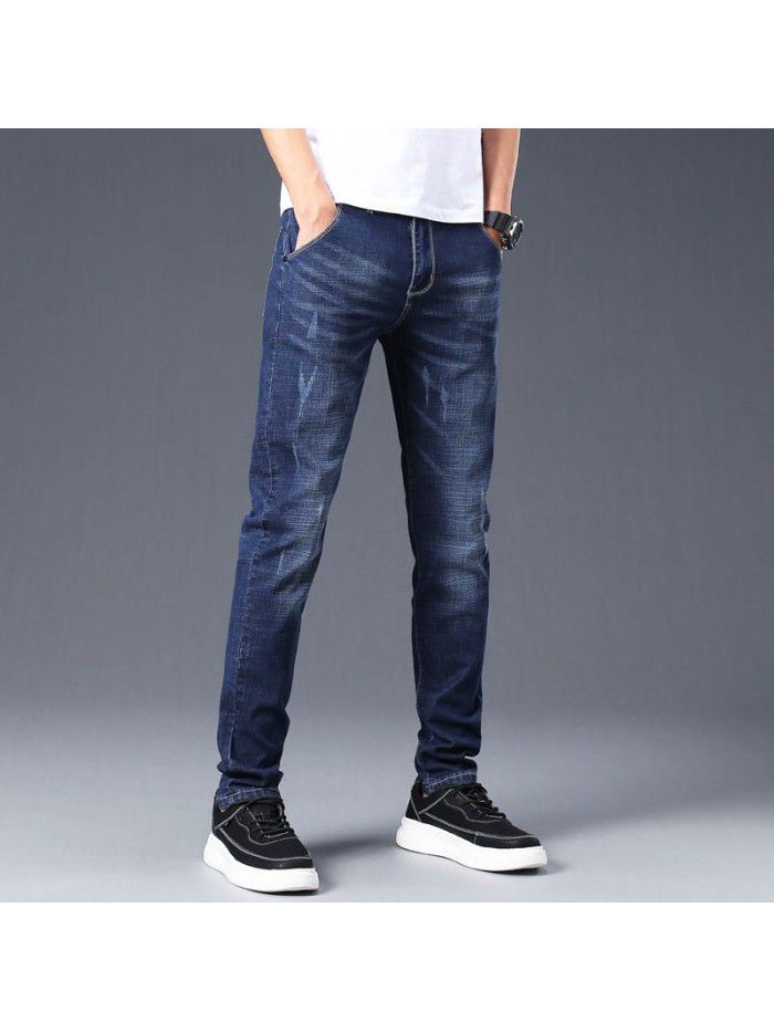 Spring and summer new fashion brand slim fit small leg jeans men's youth fashion trend Korean leisure stretch pants 