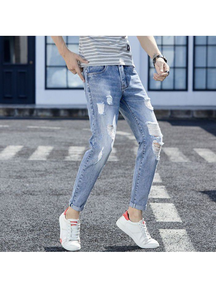 Spring and summer new fashion brand pierced jeans men's Korean casual Leggings men's fashion youth casual Capris 