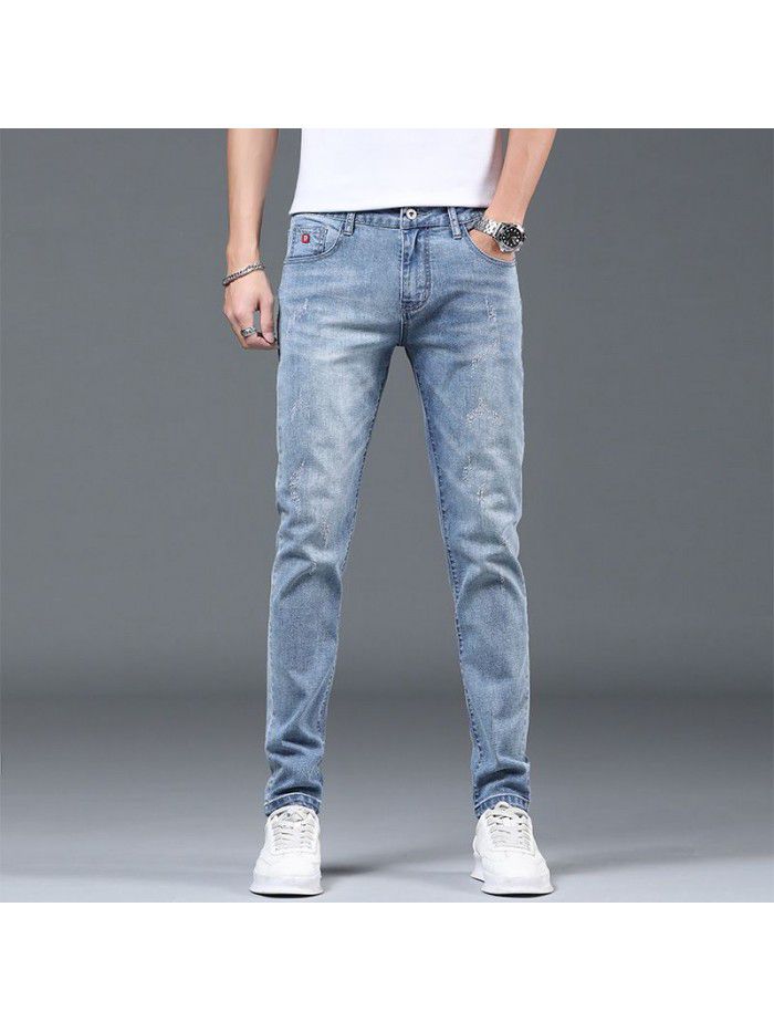 Washed stretch jeans men's spring and summer new fashion brand Korean slim Leggings men's trend youth leisure pants 