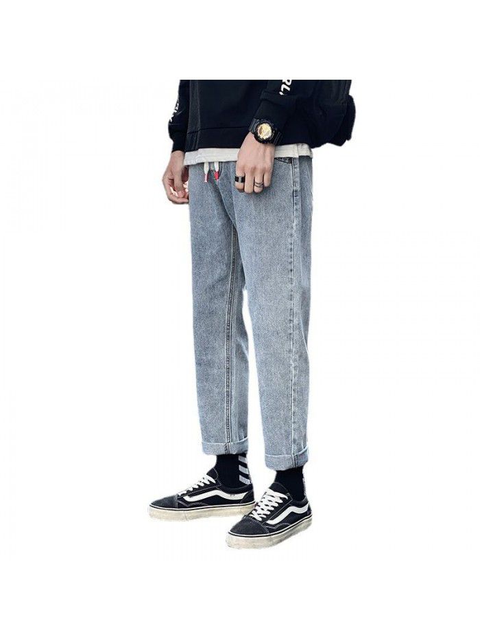 Spring and summer new jeans men's loose straight wide leg pants men's trend casual simple drawstring Harlan Capris 