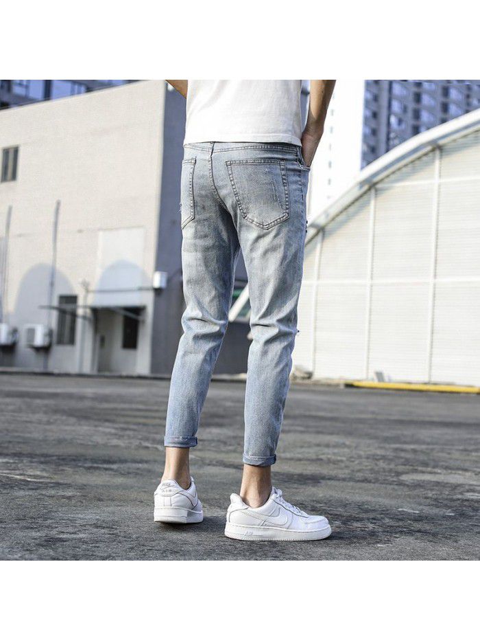 Spring and summer new hole jeans men's Korean slim Leggings men's fashion casual stretch quarter pants 