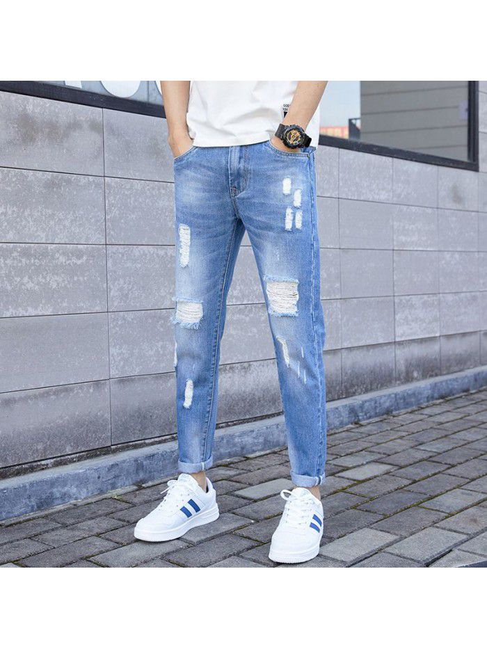 Fashion brand washed jeans men's spring and summer new hole slim Leggings men's fashion casual Capris 