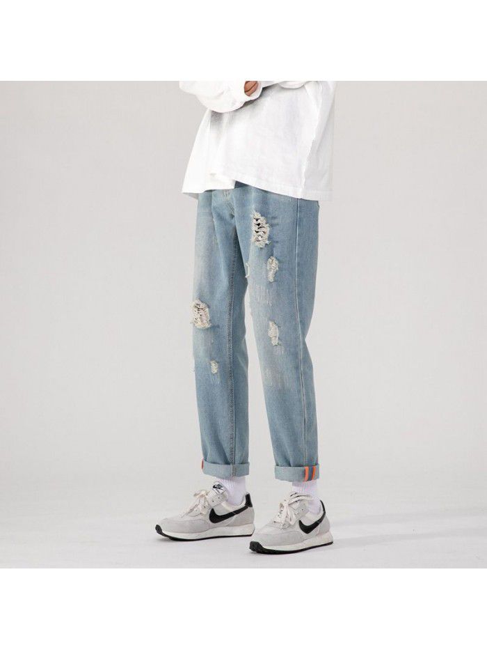 Spring and summer new fashion brand hole jeans men's loose straight tube Harem Pants men's trend casual wide leg daddy pants 