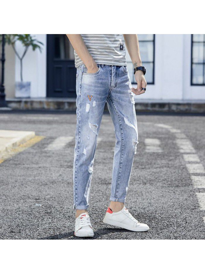 Spring and summer new fashion brand pierced jeans men's Korean slim pants men's trend youth casual Capris 