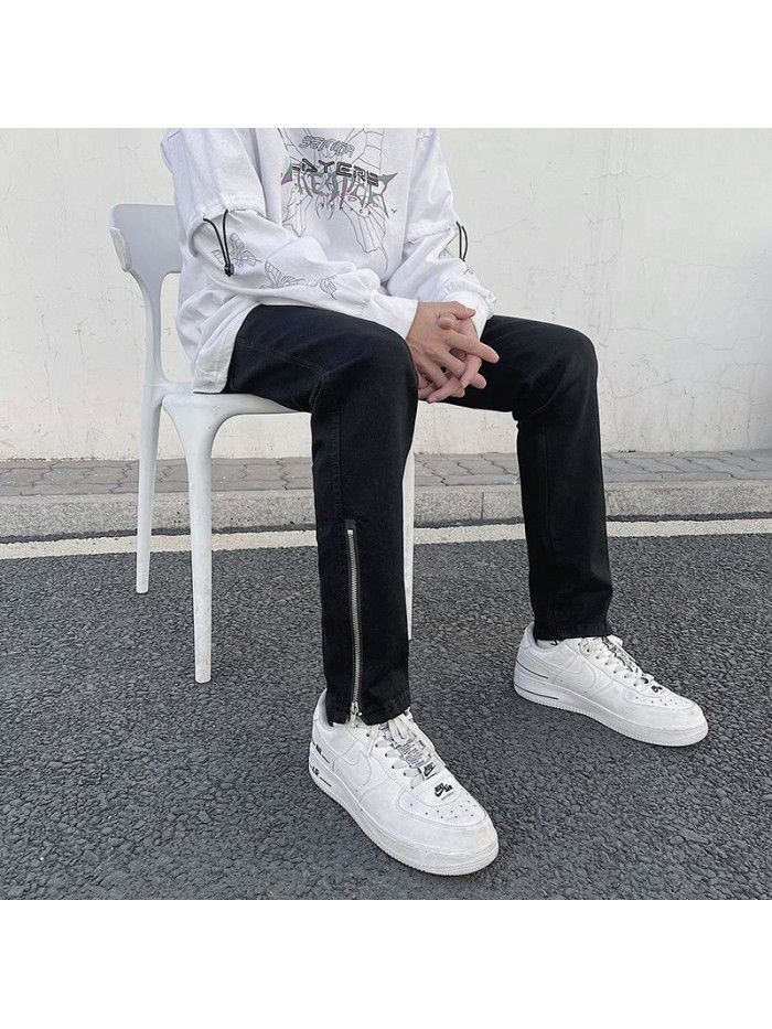  spring and summer new men's high street black jeans men's trend casual SLIM STRAIGHT Korean long pants 