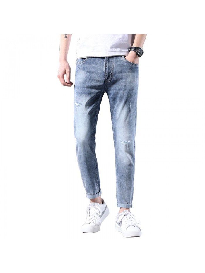 Hole jeans men's spring and summer new Korean slim elastic Leggings trend youth leisure large pants 