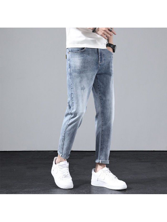 Jeans men's fashion brand new spring loose straight pants men's youth Korean leisure Harlan stretch Capris 