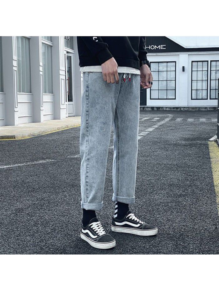 Spring and summer new jeans men's loose straight wide leg pants men's trend casual simple drawstring Harlan Capris 