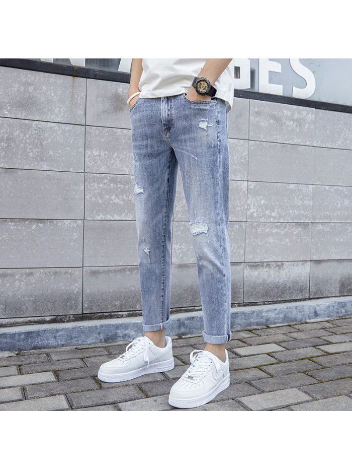 Hole jeans men's trendy Korean slim Leggings men's trendy casual stretch wash quarter pants 