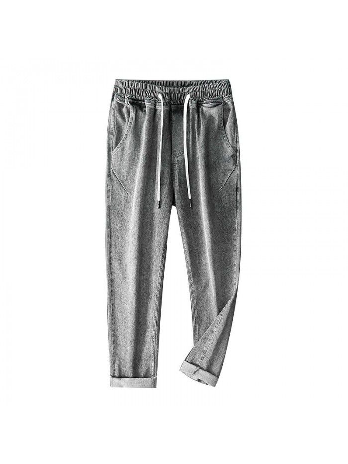 Men's jeans summer thin loose large size Harlan pants men's casual stretch straight Capris 