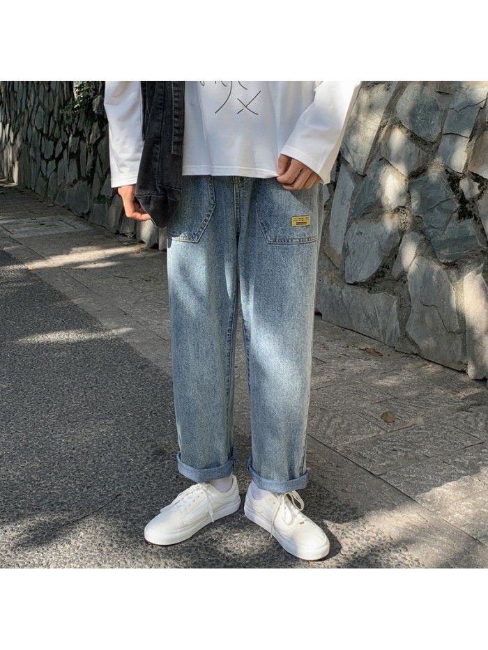 Loose fitting straight jeans men's fashion brand spring and summer new wide leg pants men's youth Korean leisure Harem Pants 